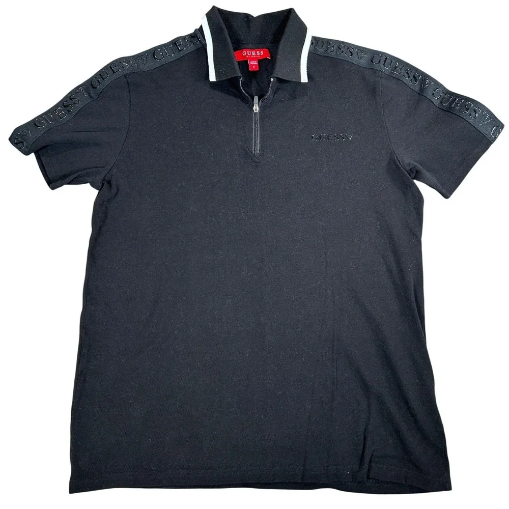 Guess Mens Black 1/4 Zip Polo Shirt Short Sleeve Logo Tape‎ Shoulder Small